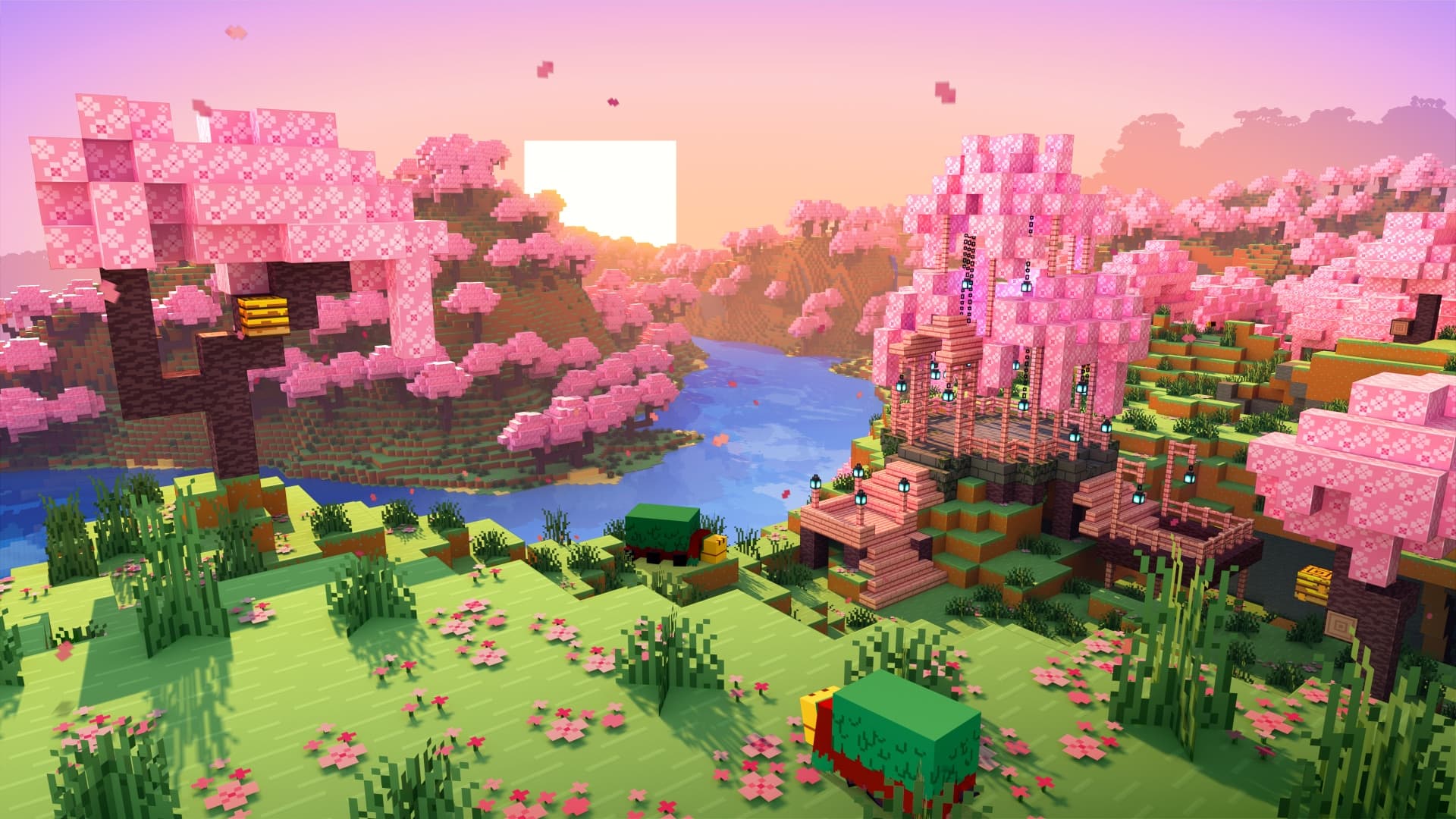 Minecraft cherry grove landscape at sunset